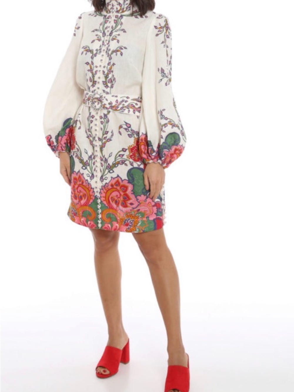 Zimmermann Cream Paisley-Print Mini Dress with Pink & Green Accents